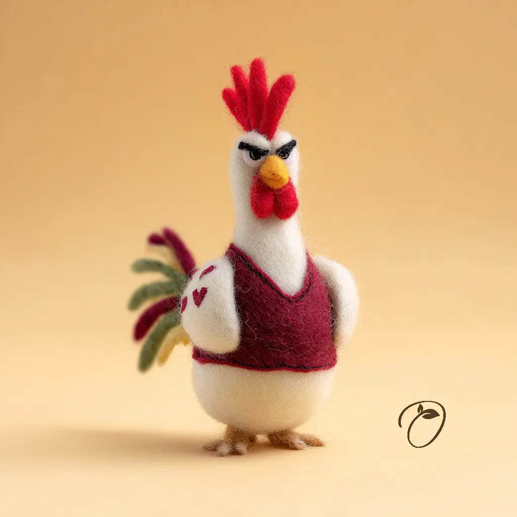 Felt rooster figurine wearing a red vest on a beige background