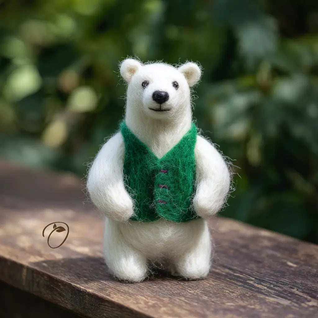 White bear figurine wearing a green vest on a wooden surface with a blurred natural background