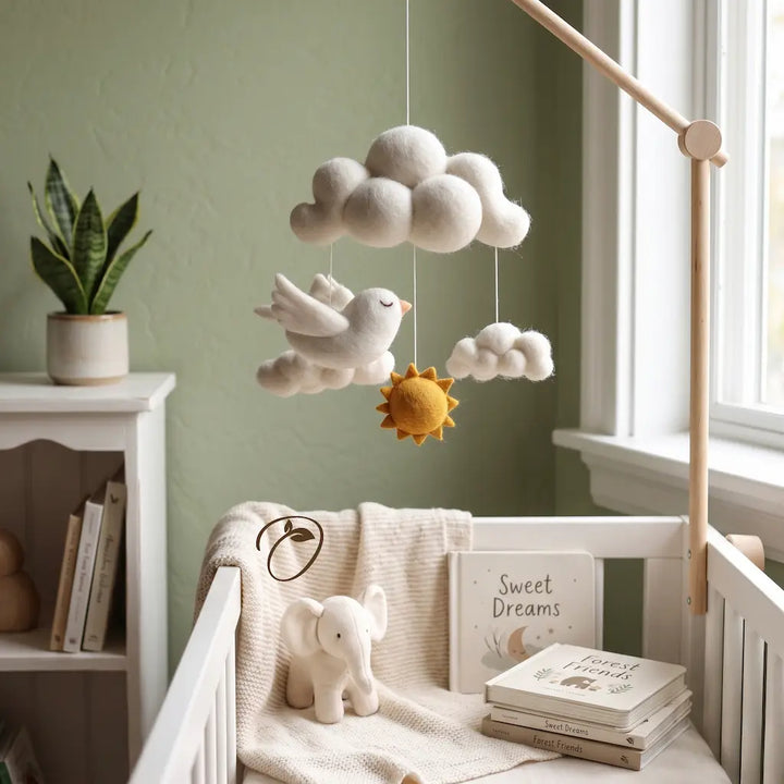 Nursery with a cloud and bird mobile over a crib, books, and a plant.