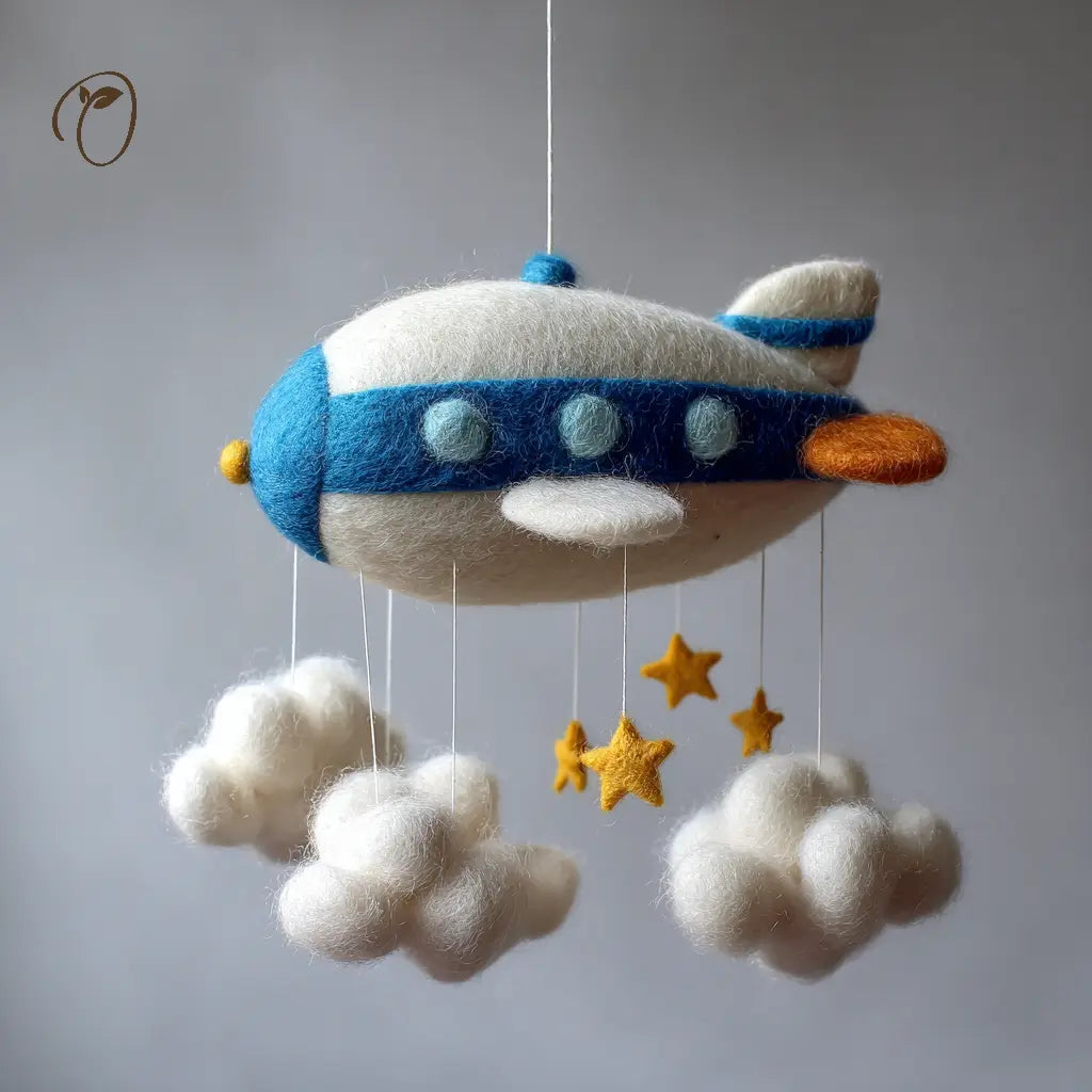 Felted toy airship with clouds and stars on a gray background