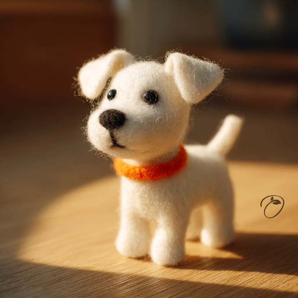 Small white dog figurine with an orange collar on a wooden surface