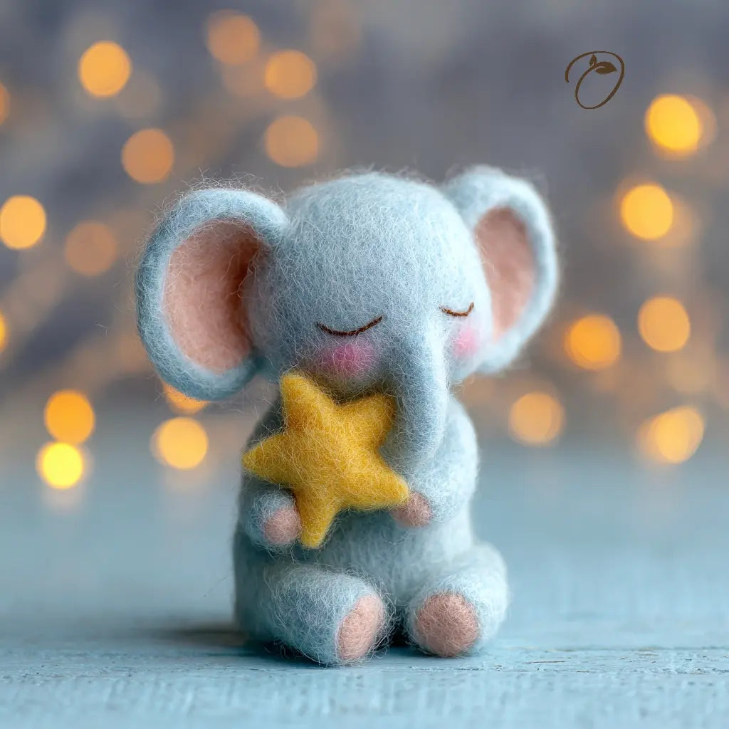 Felted toy elephant holding a yellow star against a blurred light background