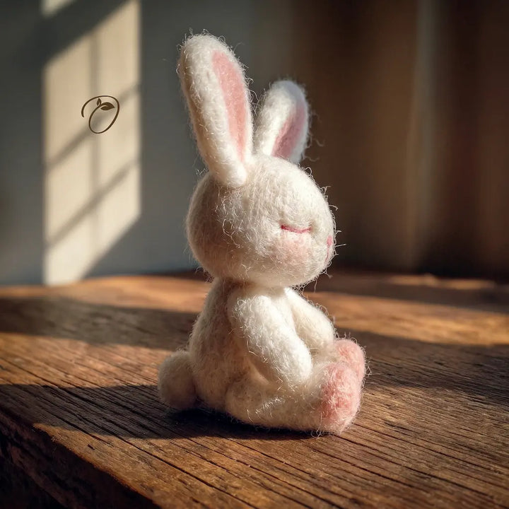 Small white rabbit plush toy on a wooden surface with soft lighting