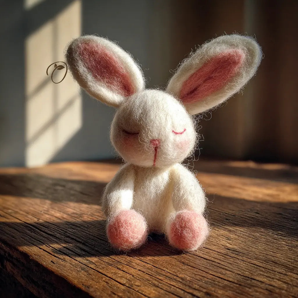 Small white rabbit plush toy with pink ears and paws on a wooden surface