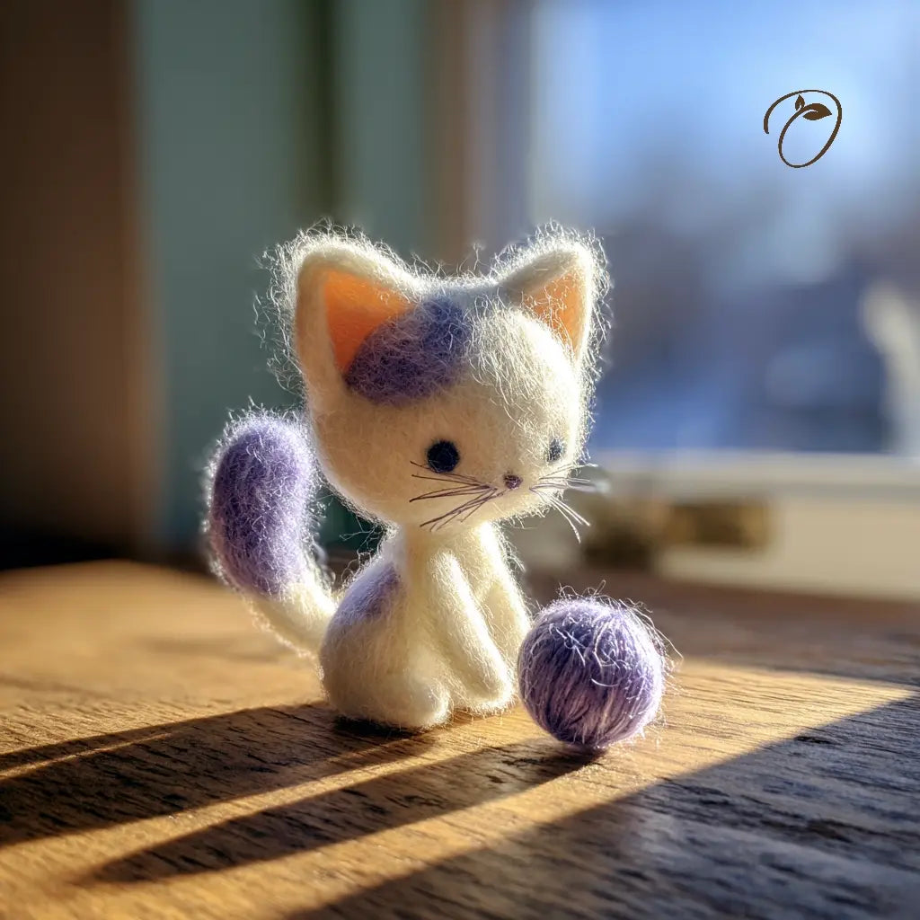 Small felted cat toy with a ball of yarn on a wooden surface