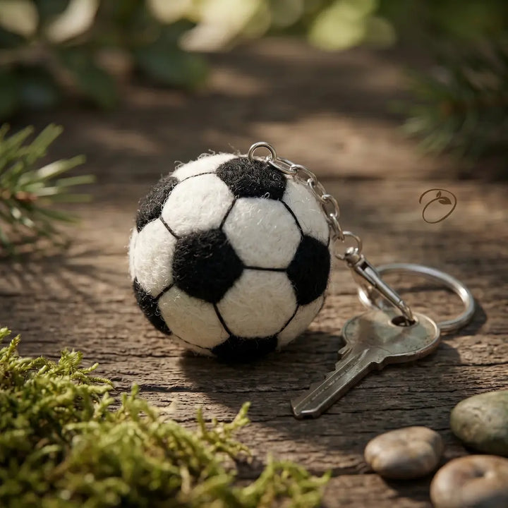 Soccer ball keychain on a wooden surface with a key and natural background
