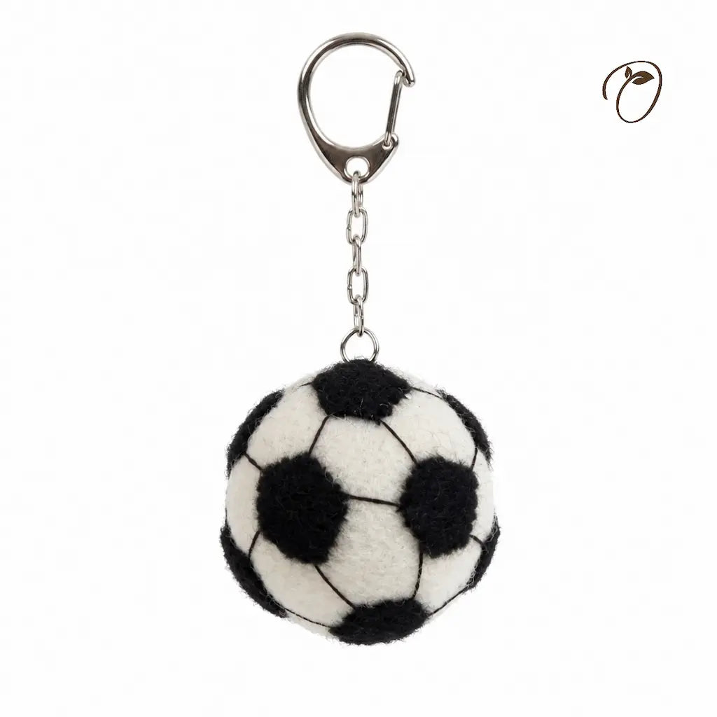 Black and white soccer ball keychain on a white background