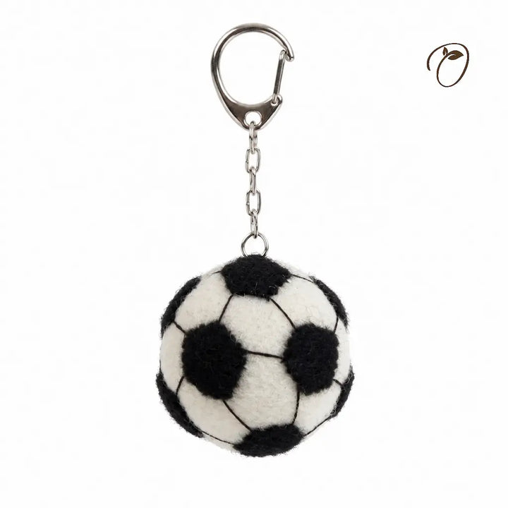 Black and white soccer ball keychain on a white background
