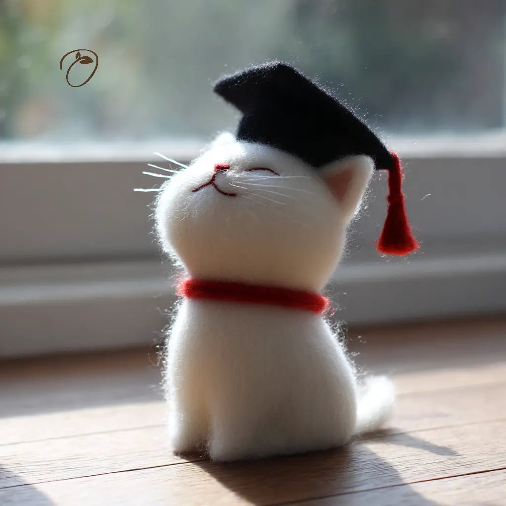 White cat figurine wearing a black graduation cap and red ribbon on a wooden surface.
