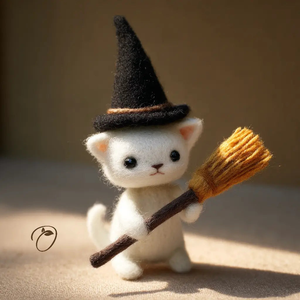 Toy cat dressed as a witch with a broomstick on a neutral background