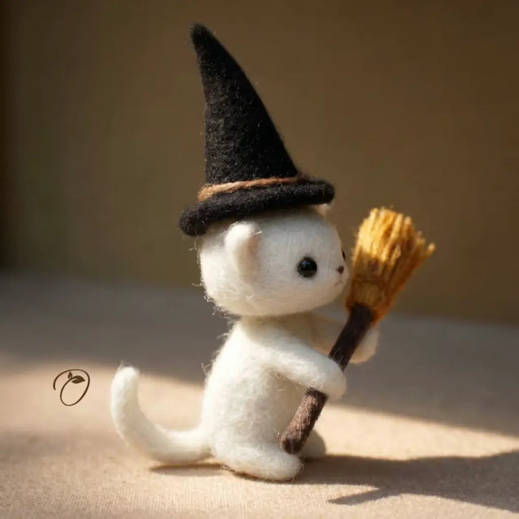 White cat toy with a black witch hat and broomstick on a beige background