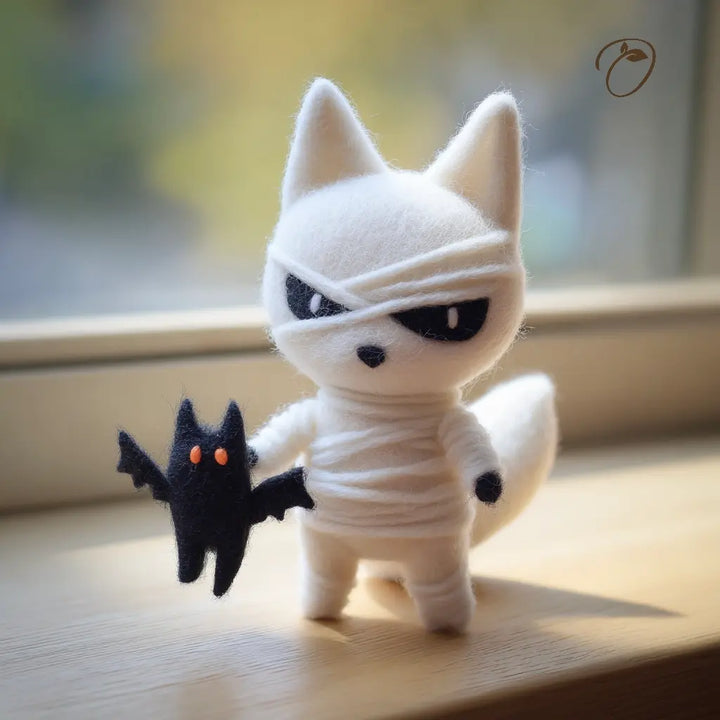 Toy figure of a mummy cat holding a small black bat on a wooden surface.