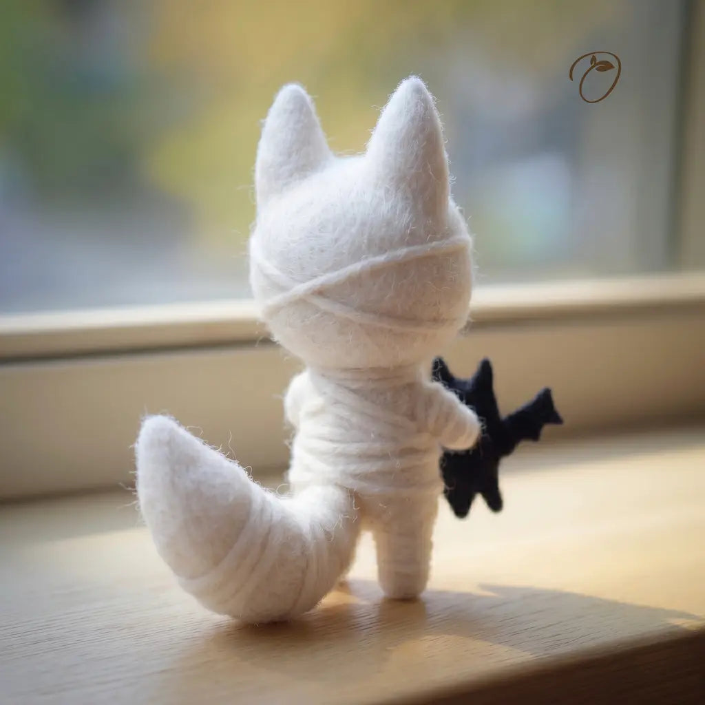 White plush toy fox with black tail on a wooden surface