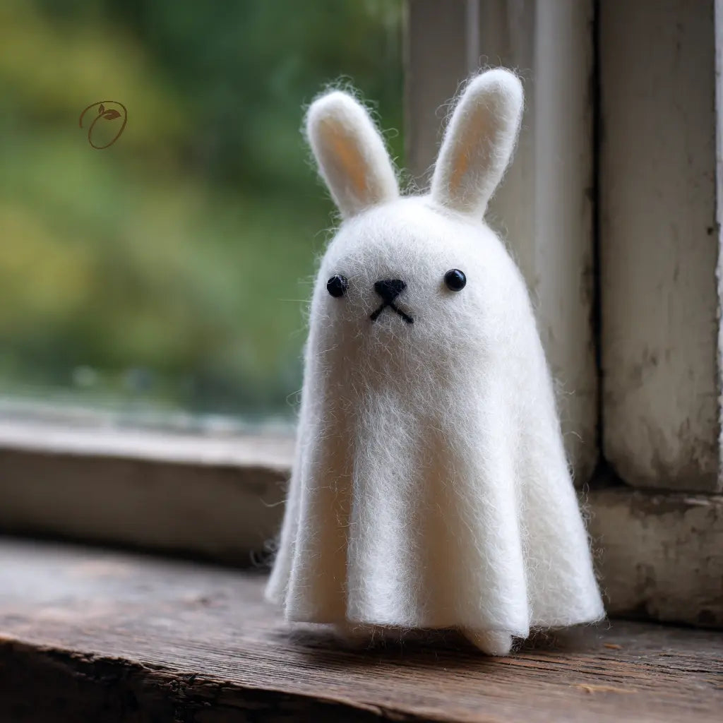 White plush toy resembling a ghost with bunny ears on a wooden surface.