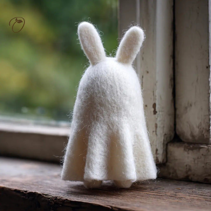 White rabbit-shaped object on a wooden surface with a blurred natural background