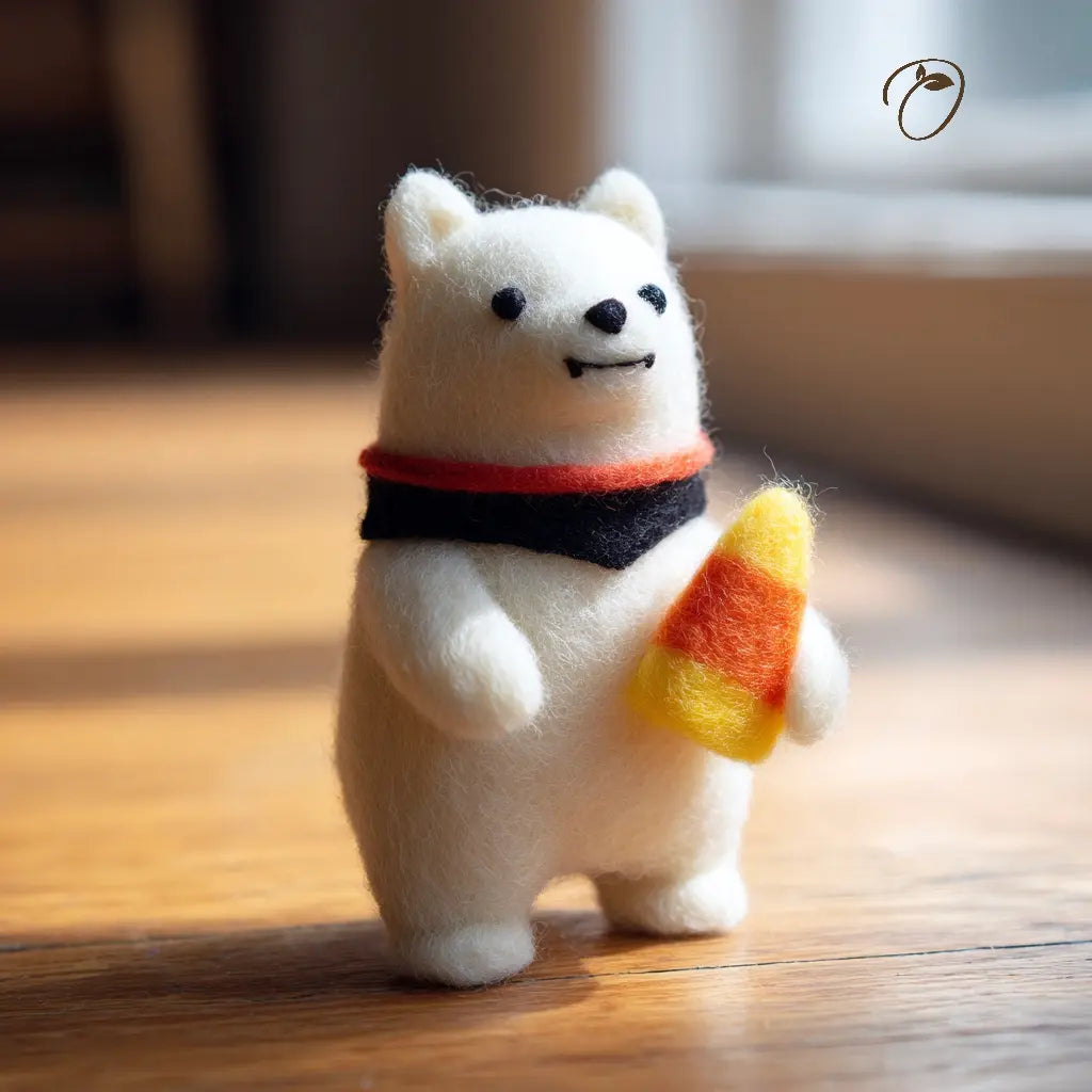 White bear figurine with a colorful scarf on a wooden floor