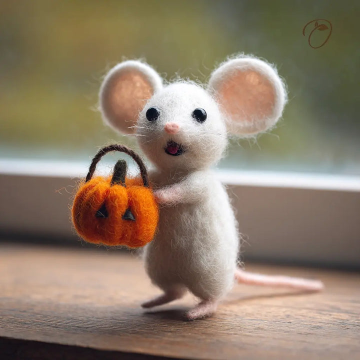 Felted mouse holding a small pumpkin on a wooden surface with a blurred background