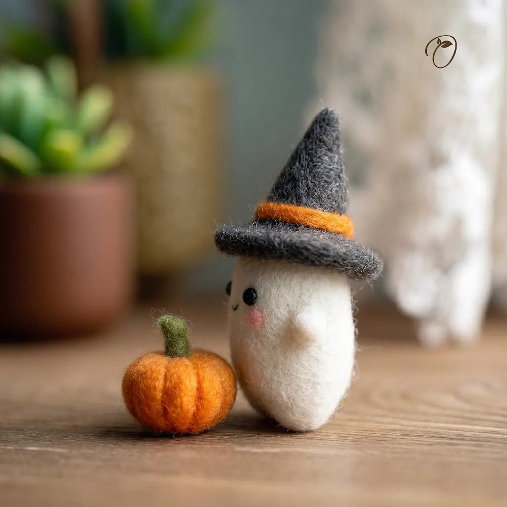 Small plush toy with a witch hat and pumpkin on a wooden surface