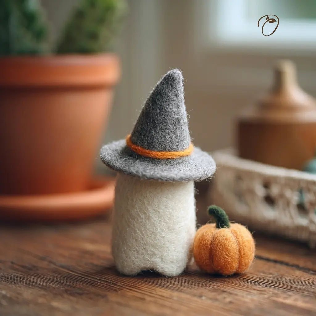 Small felt witch figure with a gray hat and orange pumpkin on a wooden surface.