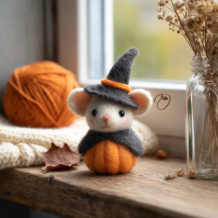 Small plush mouse in a witch costume sitting on a wooden surface with yarn and a vase in the background.