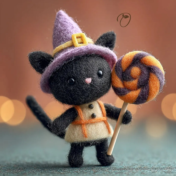 Black cat toy wearing a witch hat and holding a lollipop against a blurred background