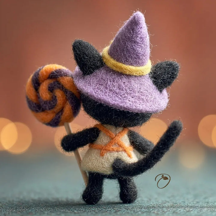 Toy cat in a witch costume holding a candy with a blurred background