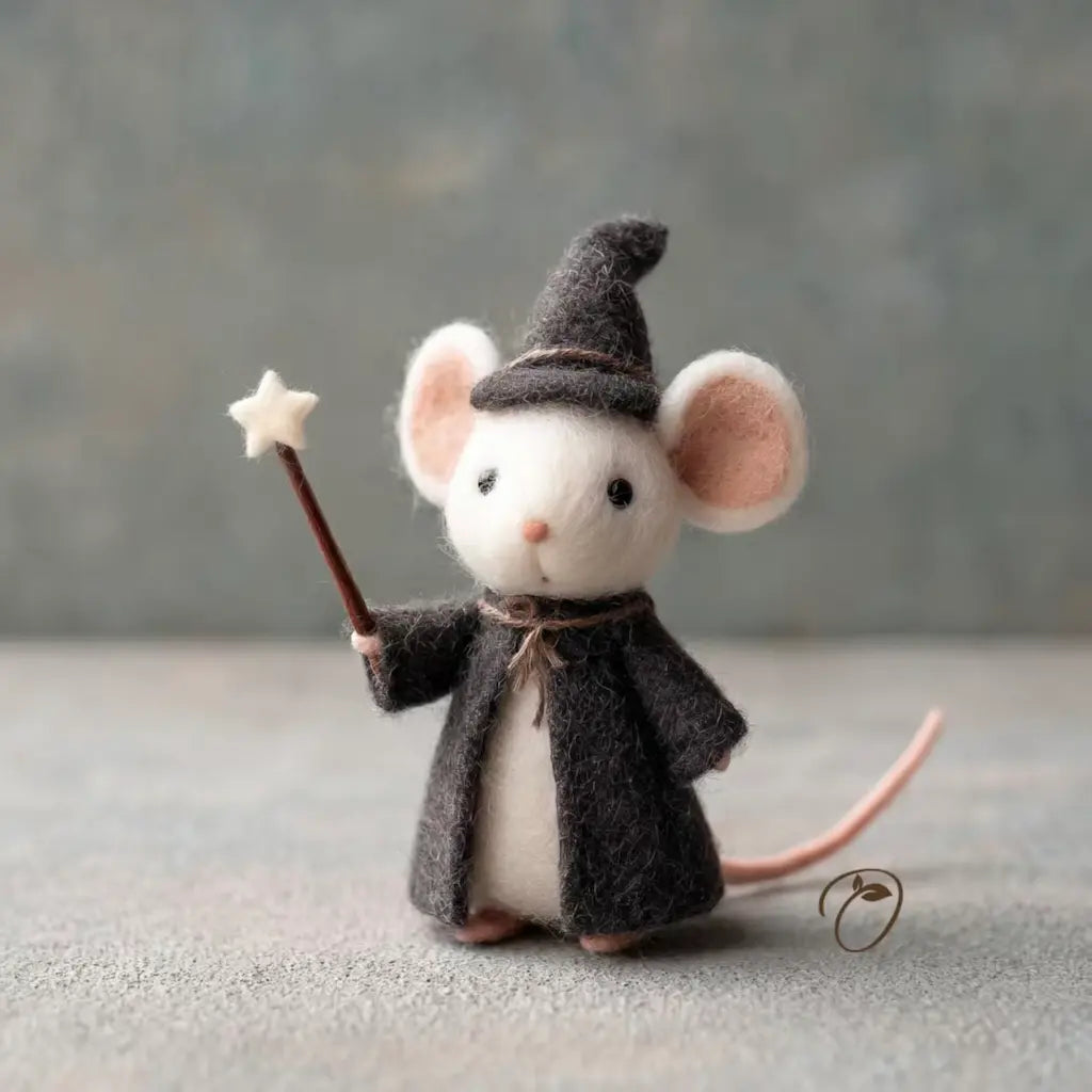 Felted mouse figurine dressed as a wizard with a hat and staff on a neutral background