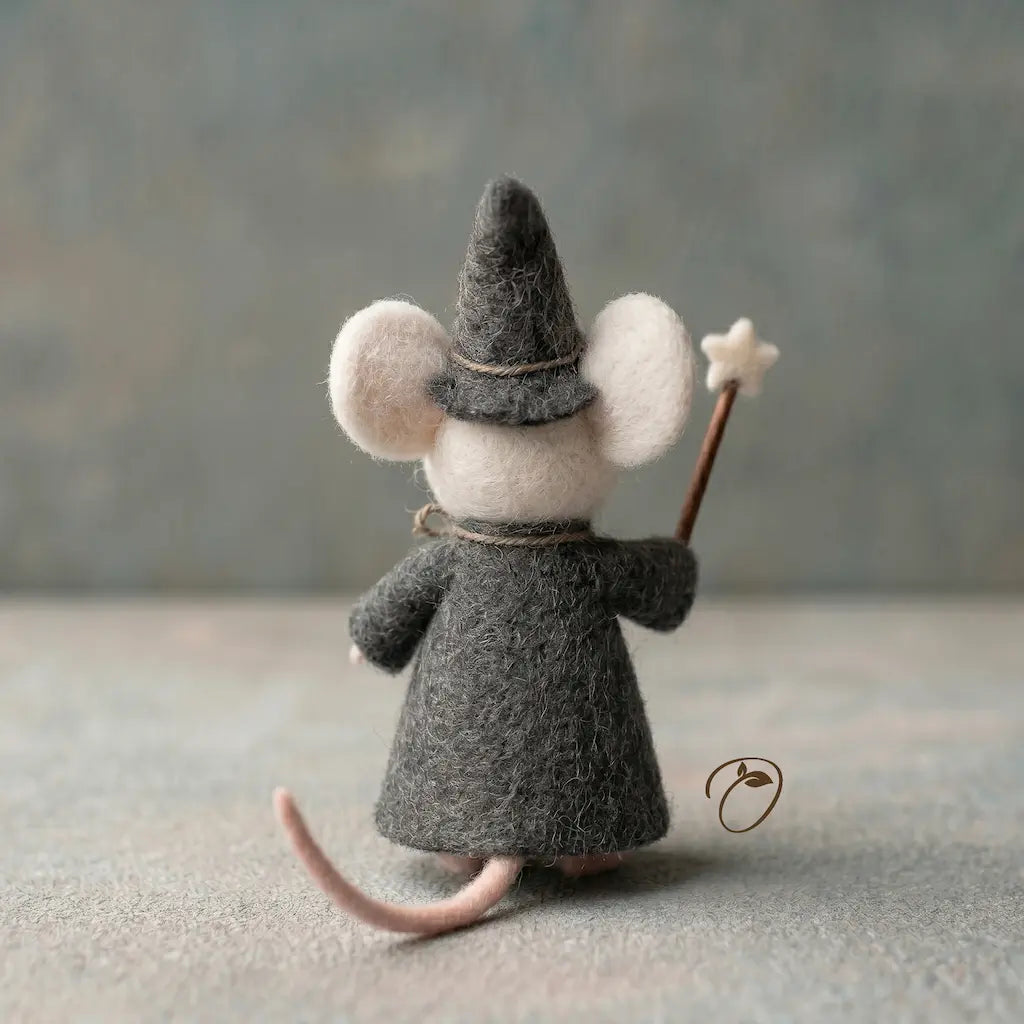 Felted mouse toy dressed as a wizard with a hat and staff on a neutral background