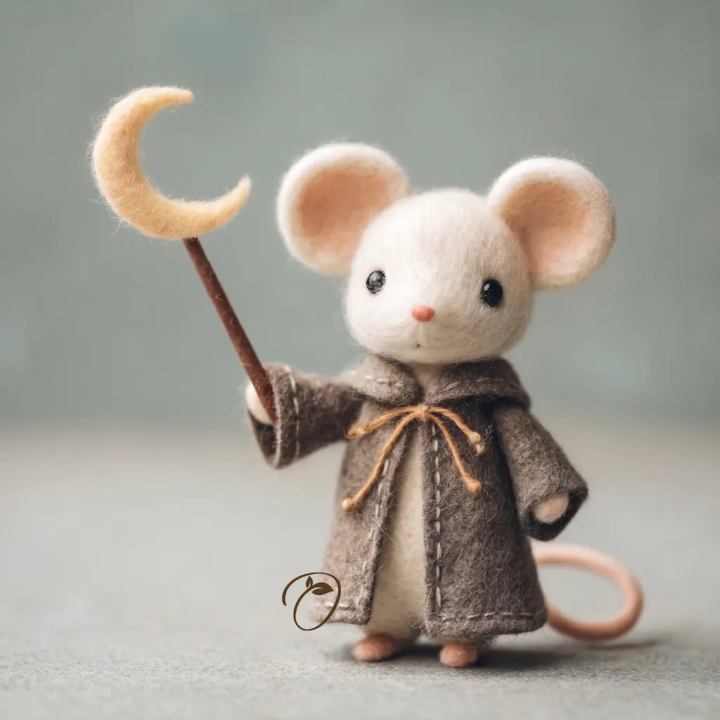 Stuffed mouse toy in a robe holding a staff against a neutral background