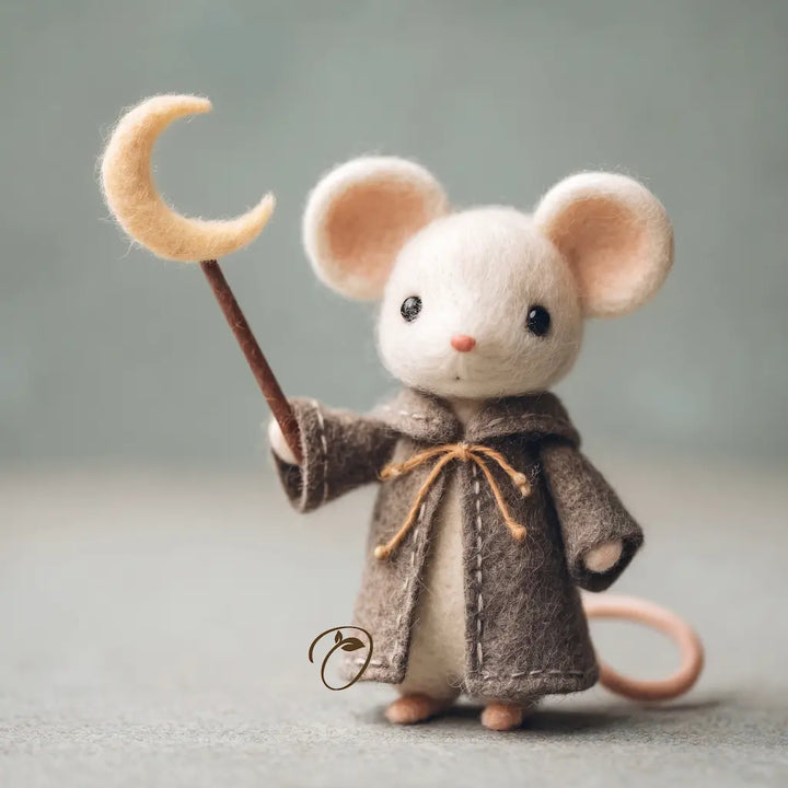 Stuffed mouse toy in a robe holding a staff against a neutral background