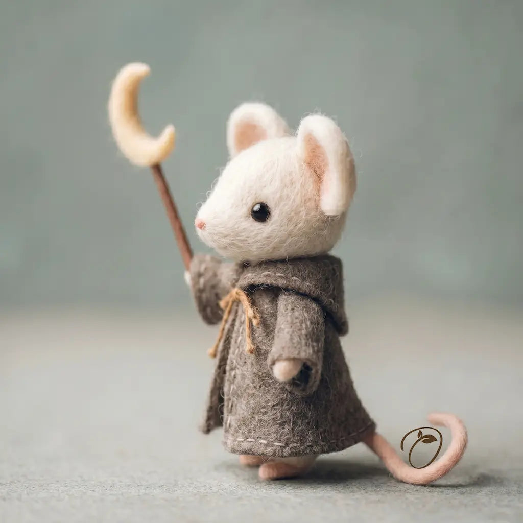 Stuffed mouse toy in a coat holding a staff on a neutral background