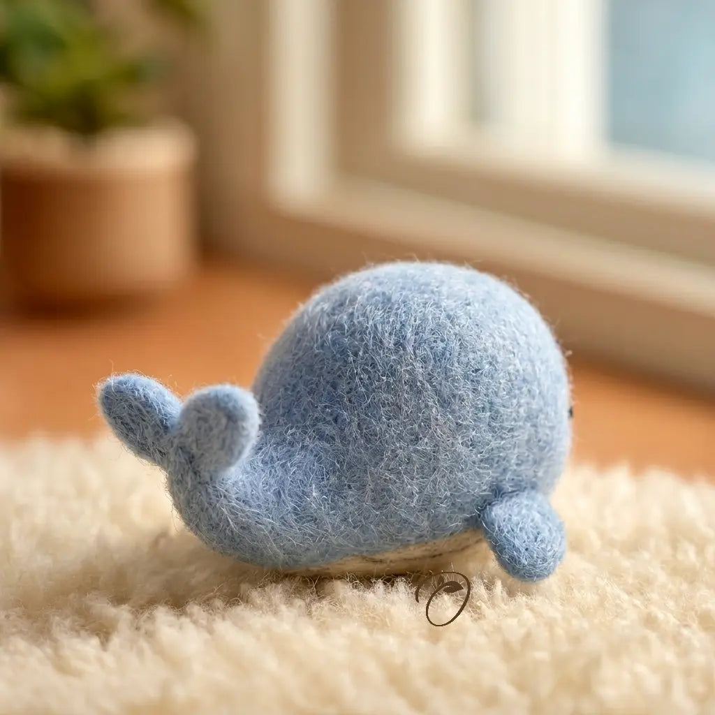 Blue plush toy whale on a soft surface with a blurred indoor background