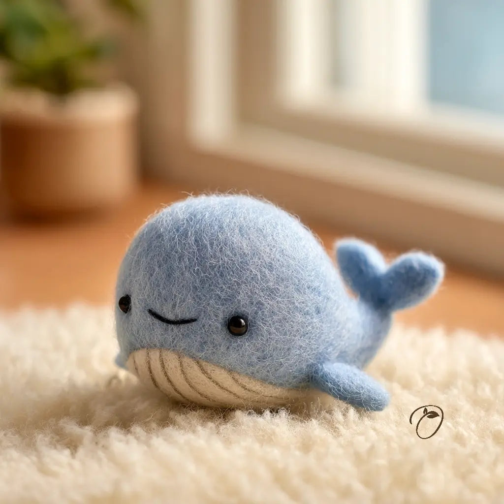 Blue plush whale toy on a soft surface with a blurred indoor background