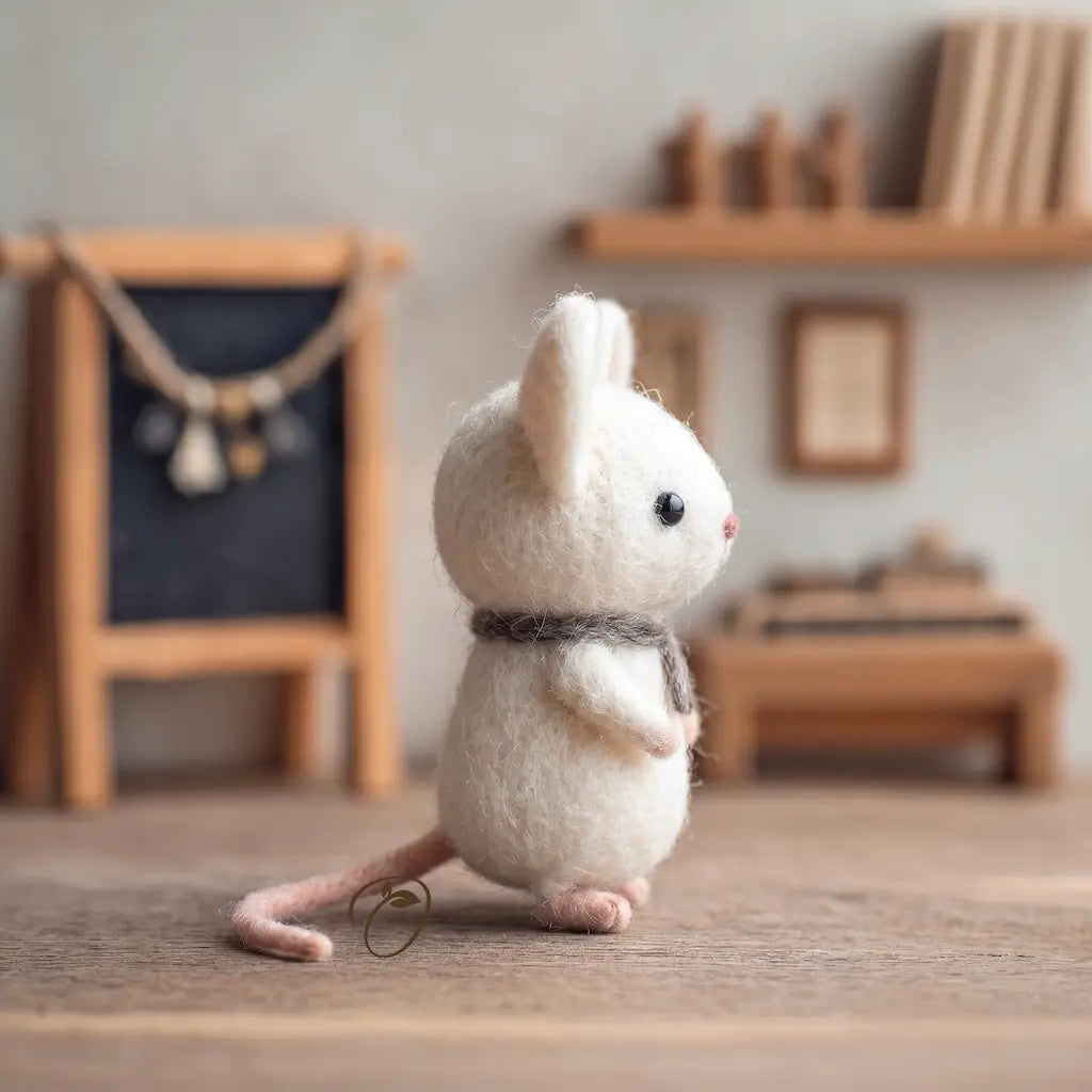 White plush mouse toy on a wooden floor with a blurred background