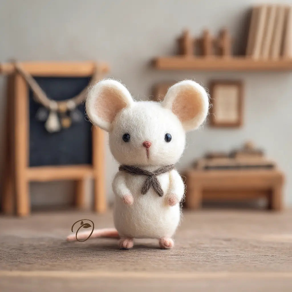 White mouse figurine with a brown bow tie on a wooden surface