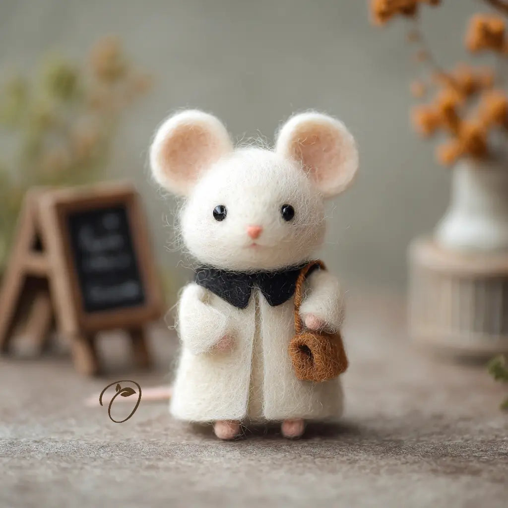 Felted mouse toy wearing a coat and holding a bag in a cozy setting