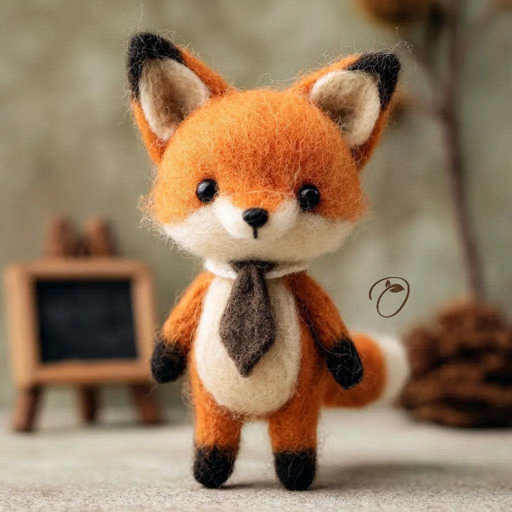 Stuffed fox toy with a tie on a neutral background
