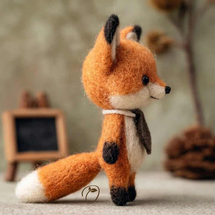 Felted fox figurine with a scarf on a neutral background