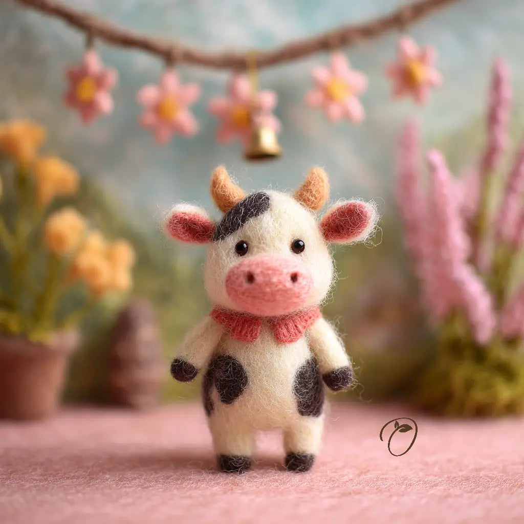 Small cow figurine with a pink bow in a decorative setting with flowers and plants.