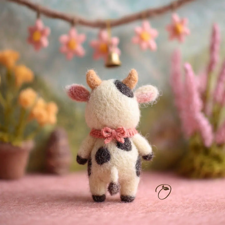 Small cow plush toy with a pink bow in a decorative setting with flowers and plants.