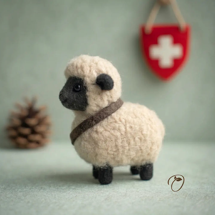 Small knitted sheep toy with a brown strap on a light background