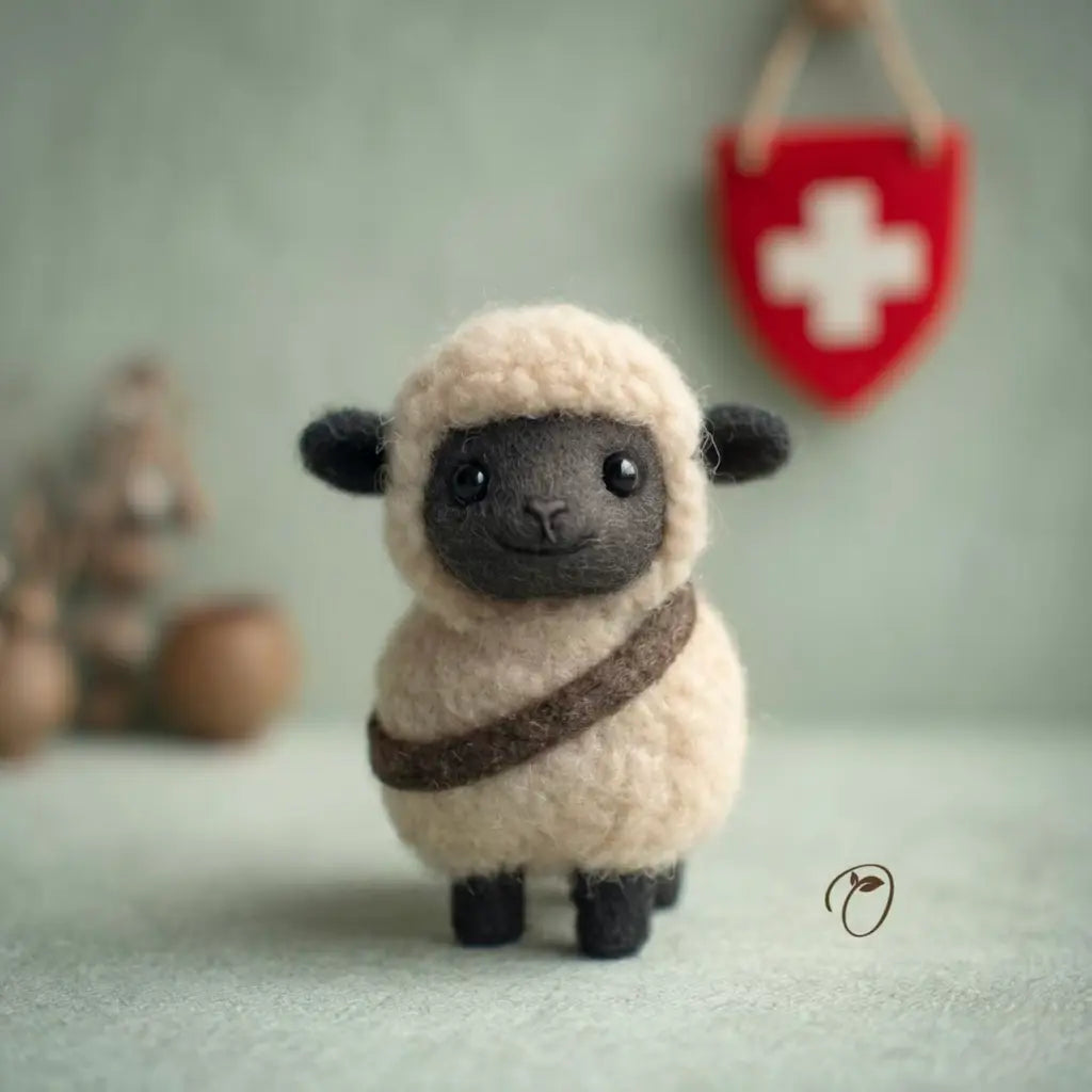 Small felted sheep toy with a red cross symbol in the background
