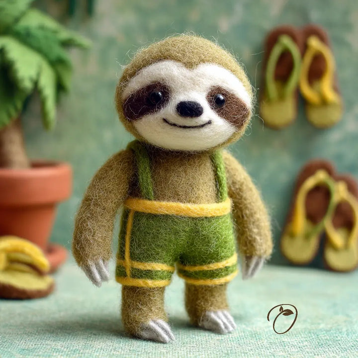 Stuffed toy sloth wearing green overalls with a blurred background