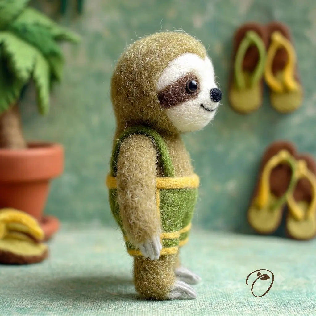 Handmade sloth toy in a green and yellow outfit with a blurred background