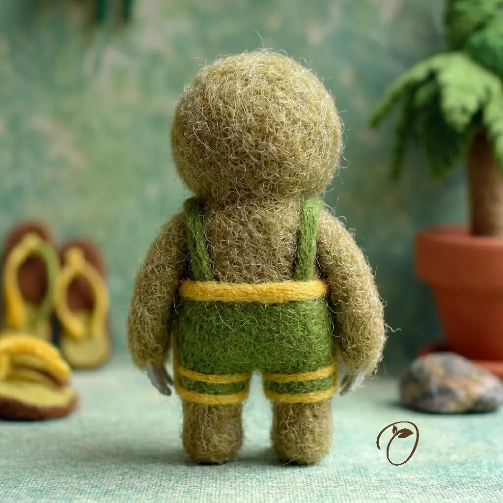 Small felted figure wearing green overalls with a blurred natural background