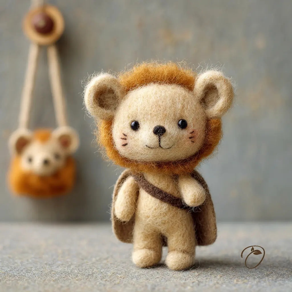 Cute lion-themed plush toy with a soft background