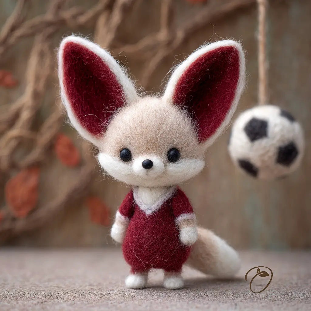 Felted fox toy wearing a red outfit with a blurred autumn background