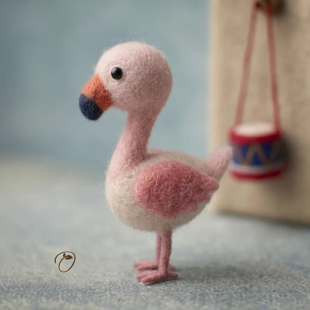 Pink felt flamingo toy on a textured surface with a blurred background