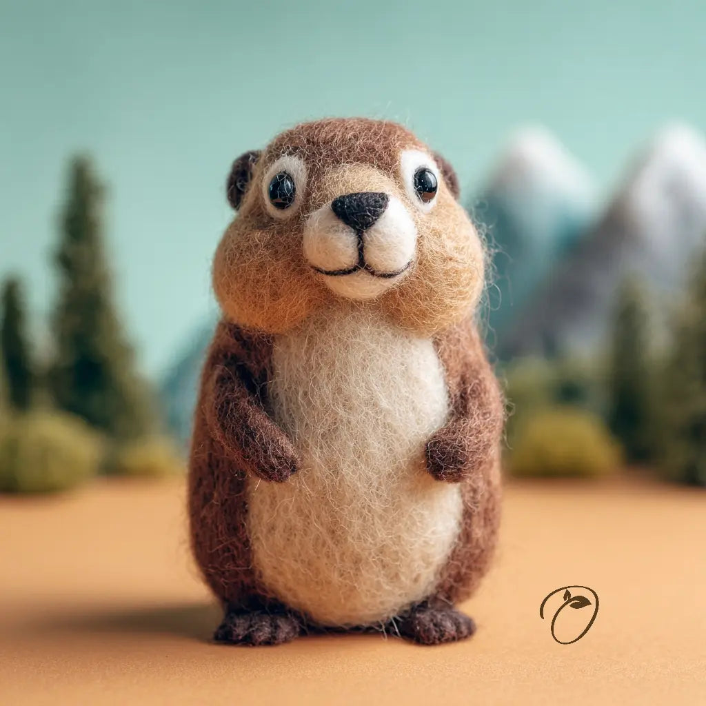 Felted animal figurine of a groundhog against a natural landscape background