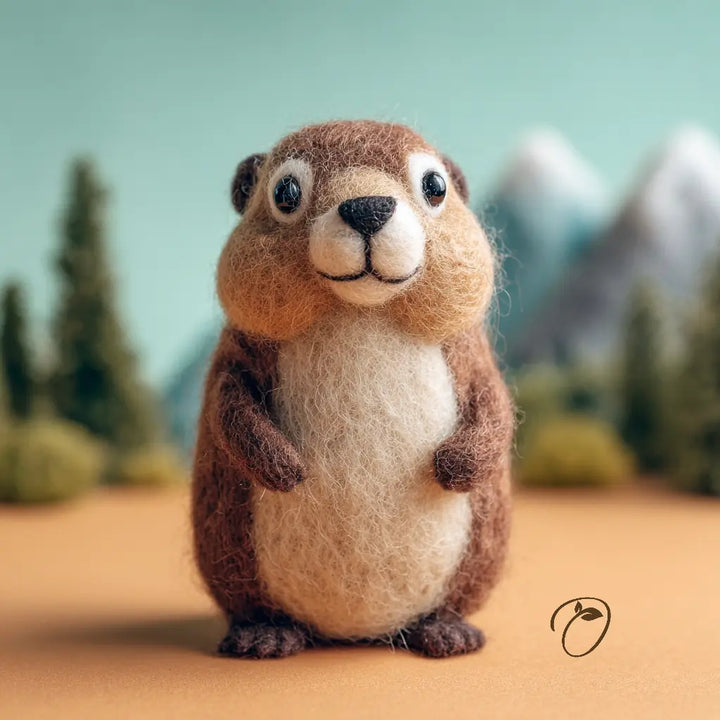 Felted animal figurine of a groundhog against a natural landscape background